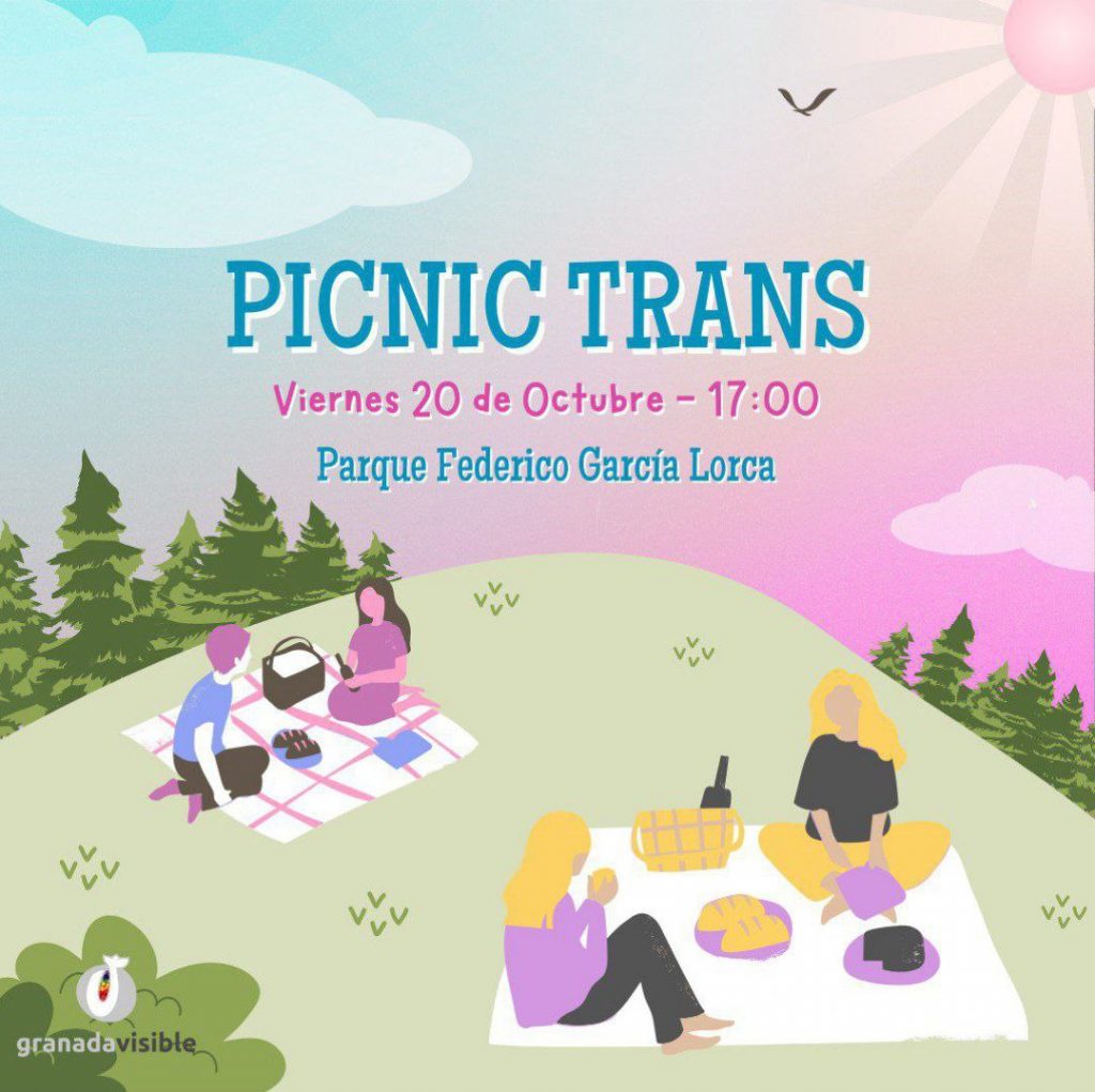 ALT TEXT Cartel con cuatro personas haciendo picnic con comida y bebida en un monte con árboles de fondo. Se pueden leer los datos del evento detallados en la descripción. Abajo se encuentra el logo de Granada Visible.
